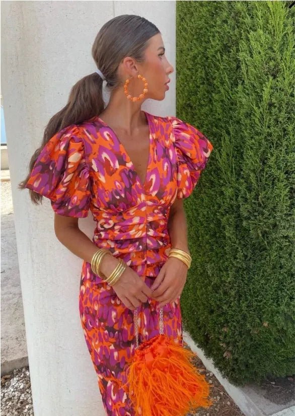 ROSALIND | COLOURFUL MIDI DRESS WITH PLEATED SLEEVES
