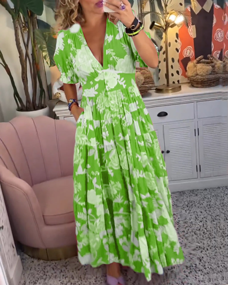 Amelia™ - Floral Print V-Neck Pocket Dress