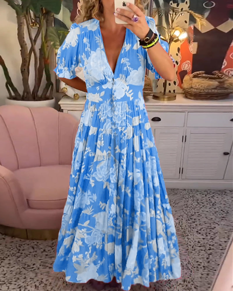 Amelia™ - Floral Print V-Neck Pocket Dress