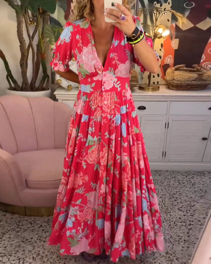 Amelia™ - Floral Print V-Neck Pocket Dress