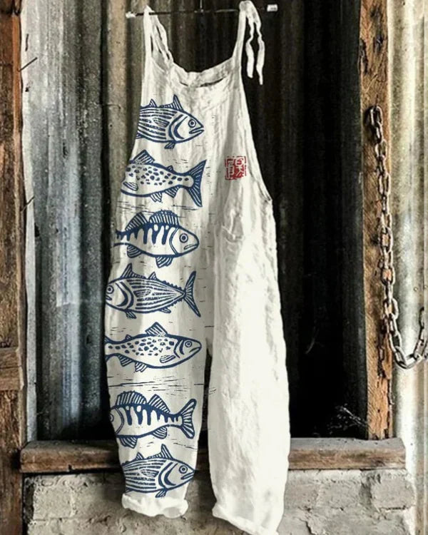 Camila | Wide Women's Linen Dungarees with Japanese Pattern