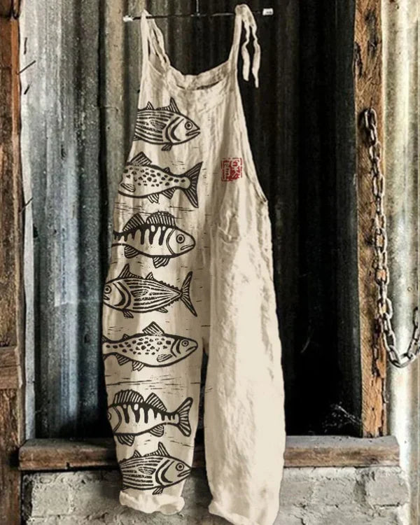 Camila | Wide Women's Linen Dungarees with Japanese Pattern