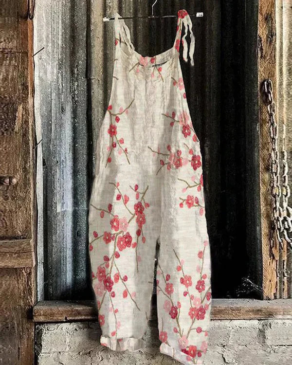Japanese Retro Jumpsuit in Plum Blossom Art Style